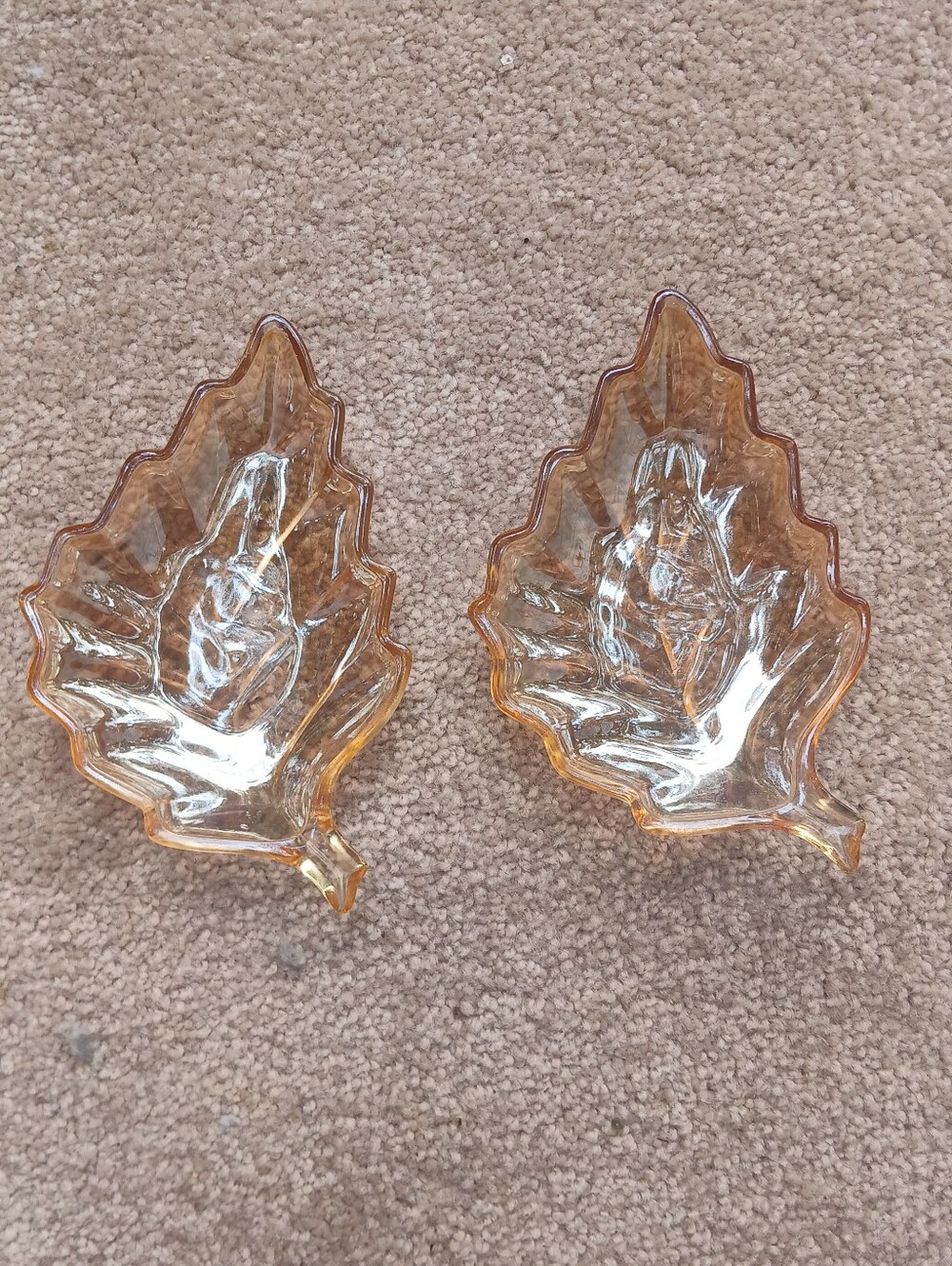 Set Of Two,, Vintage Jeanette Iridescent Marigold Carnival Glass Leaf Shape Dish